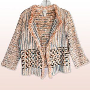 Chico’s Cotton Textured Fringe Open Front Cardigan Boho Size M